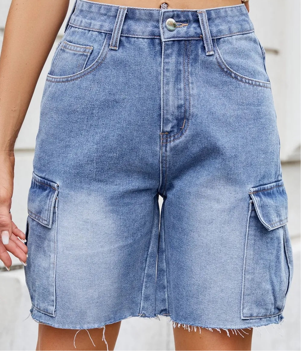 Raw Hem Washed Denim Cargo Shorts